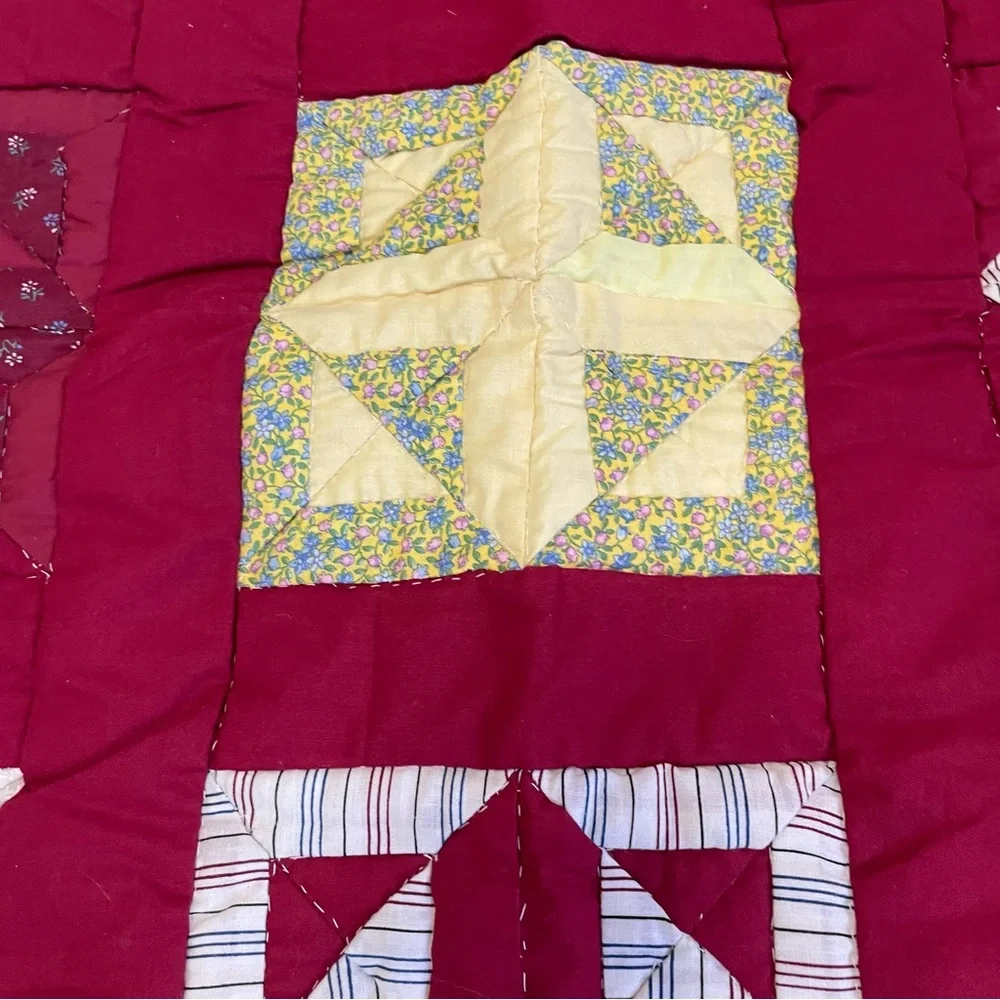 Vintage handmade quilted side table cloth 38 x 39” red floral cottage core